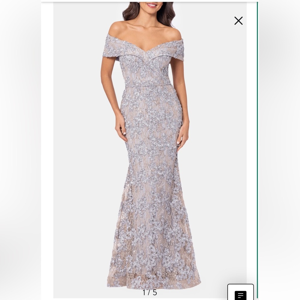 Xscape nWT Size 8 Off-Shoulder Lace Maxi Dress in Gray